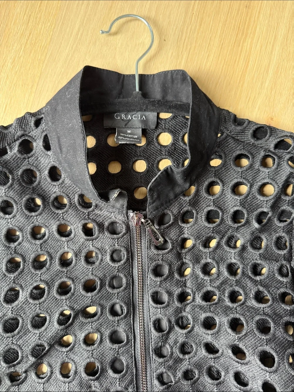 Gracia Black Eyelet Zip-Front Peplum Jacket